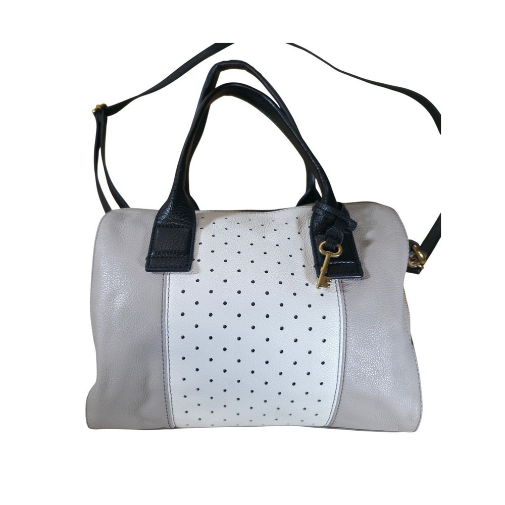 Fossil Jori Large Satchel Purse Gray White Leather Handbag Top Handle Bag w/ Key